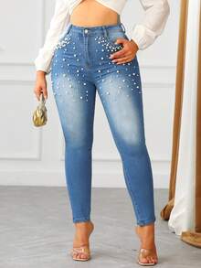 Chicsale Women's Pearl Embellished Skinny Jeans - Mid Rise Stretch Denim Pants With Thigh Jewel Details, Sculpting Trousers For Evening Elegance - Rửa trung bình - Xem 2