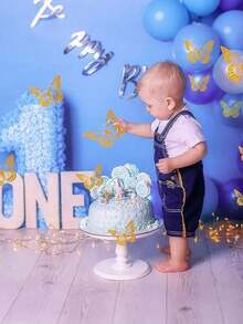 3D Adesivi da parete a forma di farfalla, 4 stili, 3 dimensioni, decorazione per feste di compleanno a tema farfalla, decorazione per torte, decorazione per asili, adesivi rimovibili (incisione laser) - Champagne + Oro - Visualizzare 8
