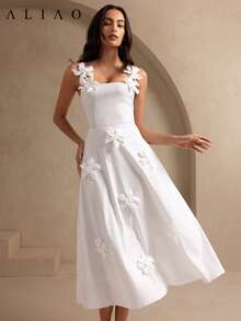 Vestido de mujer con tirantes sin mangas con flores 3D Aliao, vestido de novia para invitados, vestidos de fiesta de graduación, trajes de ducha nupcial, atuendos para el brunch para mujeres - Blanco - Ver 3