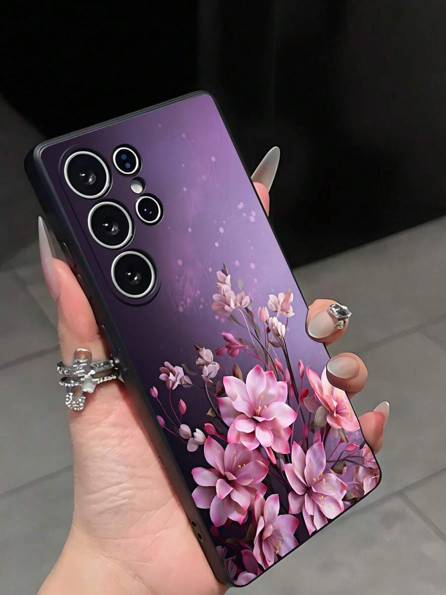 紫色花卉图案防摔防滑黑色手机壳,适用于三星 Galaxy A04e/A05s/A13/A14/A15/A34/A35/A50/A52/A53/A54/S21/S22/S23/S24/S25/S25,超强防水防震防刮,国际版,非国内版 - 黑色 - 查看 1