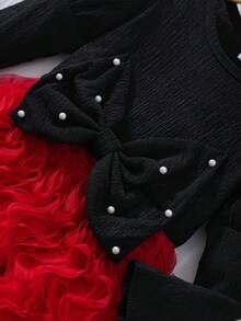 Toddler Girls' Bubble Long Sleeve Round Neck Pearl Bow Top Spliced Red Ruffle Dress, Fashionable Elegant Princess Dress, Autumn/Winter - Red - View 6
