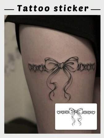 1 pieza Tatuaje temporal minimalista en blanco y negro con lazo, adecuado para el muslo, la clavícula, la cintura y el abdomen, dura de 3 a 7 días, ideal para el Día de San Valentín y los entusiastas de la moda