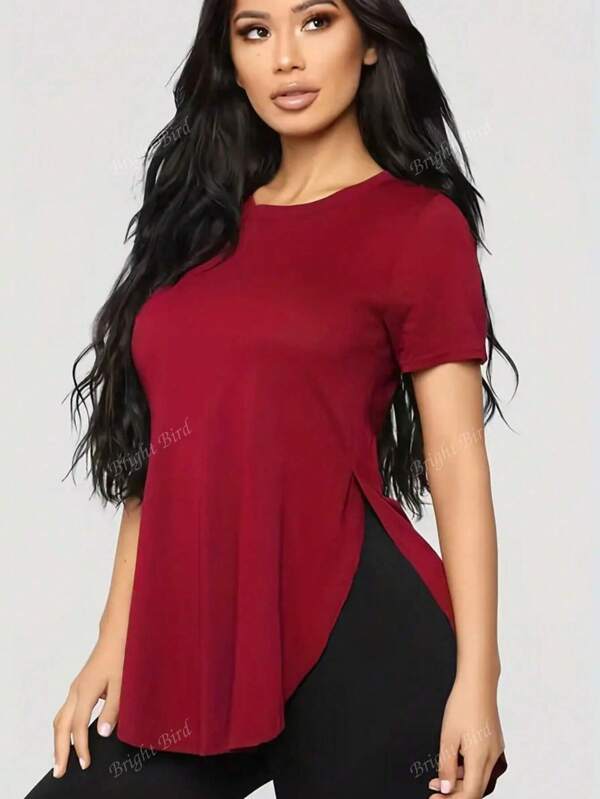 Trioutop Short Sleeve Oversized T-Shirt, Side Slit Crew Neck Casual Top