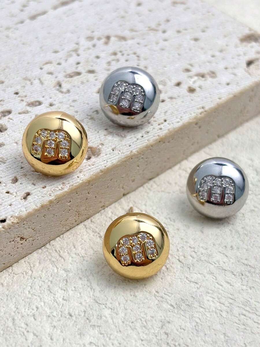 1 件简约奢华风格方晶锆石“M”字母时尚耳环 - M字母耳釘 - 查看 1