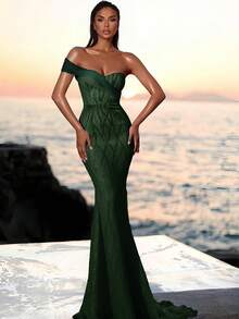 Women's Sequined Slip-Resistant Zipper Back Padding Dress - Dark Green - View 2