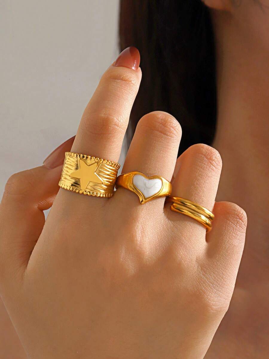 3 件套不锈钢 18K 镀金简约星形和心形滴油可调节戒指，适合日常佩戴 - 金黃色 - 查看 1