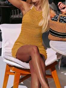 Women's Summer Sand Yellow Backless Hollow-Out See-Through Beach Mini Dress With Tie Details