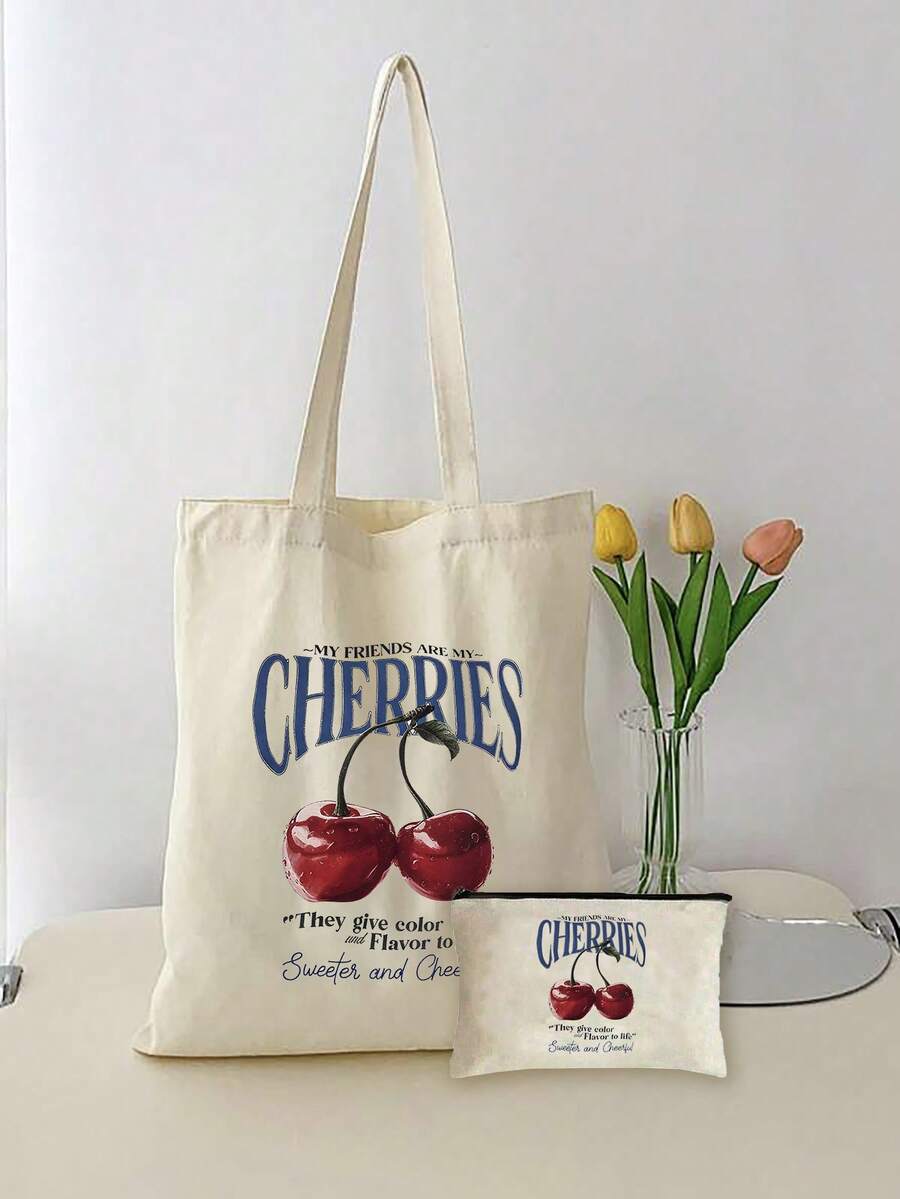 2pcs Fruit Print Tote Bags - Strawberry Bow Pattern Shopping Bag & Minimalist Bohemian Style Handbag, Suitable For Work, Commute, Vacation, Hawaiian Floral Canvas Bag, Compact Design For Daily Use, Ideal For Teenage Girls, College Students, Office Ladies, Perfect For Work, Back To School, High School, University, Holiday, Valentine's Day And More, Boho, Strawberry - Beige - View 1