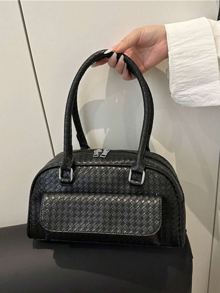 1 Bolso de hombro con cierre de estilo vintage minimalista, con bolsillo decorativo y doble asa, adecuado para uso diario y casual de mujeres