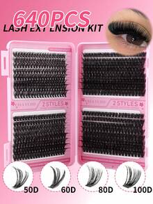 640片/套大容量D型卷翘假睫毛，大容量睫毛册，10D+20D+30D+40D+50D+60D+80D/50D+60D+80D+100D睫毛嫁接套装，自然眼妆，10-16片混合防水仿貂毛假睫毛，3D单根假睫毛套装，方便携带，可重复使用，适合日常佩戴、度假、日常妆容、角色扮演、全妆及日常妆容，睫毛簇，单根假睫毛，假睫毛