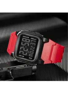 2 件/套男士硅胶表带模拟数字手表，带方形和圆形表盘，防水 LED 电子休闲运动手表 - 紅色 - 查看 3