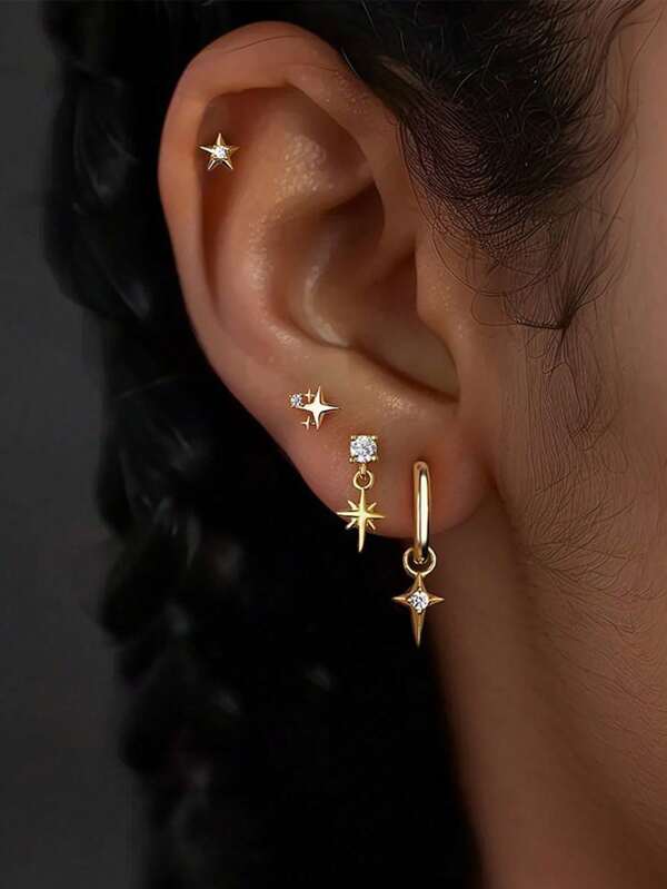1 Piece Of Sterling 925 Silver Exquisite Elegant Fashion Cute Shining Mini Star Zirconia Ear Stud Hoop Earrings For Women Daily Wearing Friendship Party Jewelry Gift