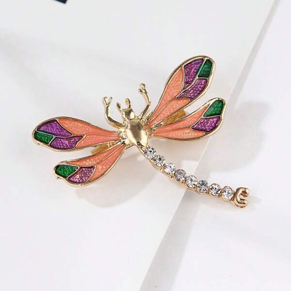 1pc Korean Fashion Blue Epoxy Colorful Dragonfly Insect Rhinestone Alloy Brooch Pin, Unisex Apparel Accessory