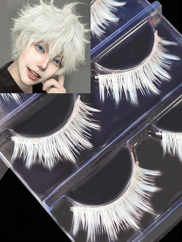 1 Box 3 Pairs White False Eyelashes, Transparent Stem, Anime Snowy White Eyelashes, COSPLAY Role Play, Stage Performance, Exaggerated 2D Eyelash Stickers, Anime Convention