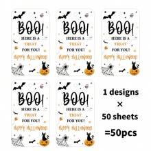 50 Pcs Happy Halloween Tags With String - Halloween Gift Tags, 1.57x2.76Inch,White Paper Boo Ghost Pumpkin Labels For Gift Wrapping, Party Favor, DIY Crafts