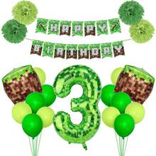 22 件生日装饰，游戏主题生日快乐横幅，40 英寸绿色像素矿工数字气球和像素立方体铝箔气球，用于像素派对装饰，终极派对用品套件，含气球和生日数字 (1-9) 标志 - 彩色 - 查看 6