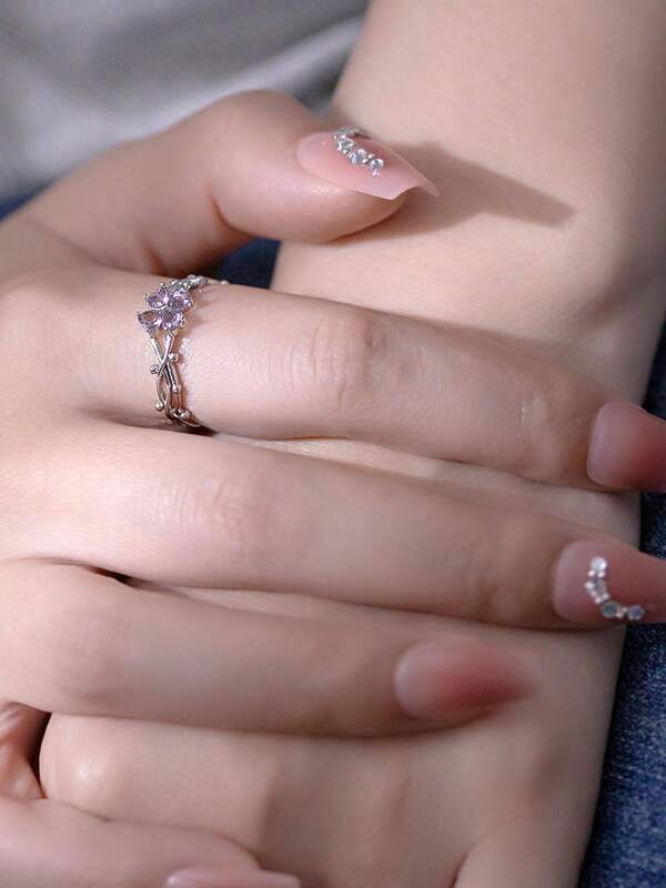 1PC Cute & Unique Purple Clover Zirconia Open Ring, Alloy Silver -Tone, Sweet & Elegant Style For Women