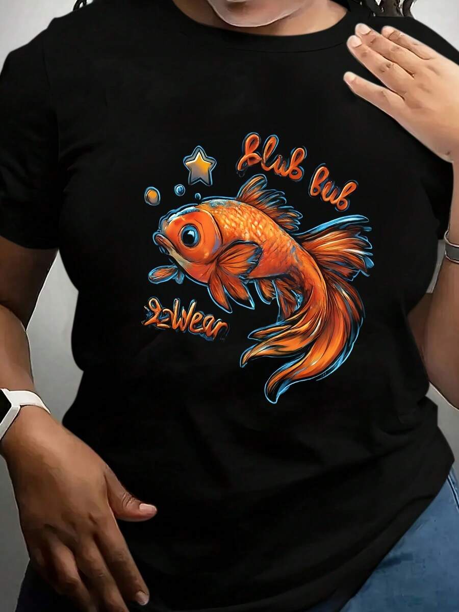 Blub Blub Goldfish Graphic T-Shirt - Cute I Wear Cartoon Fish Print, Crew Neck Casual Tee, Soft Cotton Summer T-Shirt, Perfect For Aquarium Lovers, Birthday Gift, Christmas Gift, For Friends, Family, Men, Women - Black - View 1
