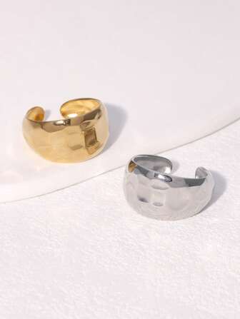 1 件经典简约高端锤纹不锈钢宽开口戒指，适合女性日常、派对和约会佩戴