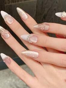 10Pcs Middle Almond Handemade Press On Nails For Party And Daily , Pink Nails, Bow Nails, Easy To Wear10Pcs Y2K Handmade Press On Nails,Summer Style,Suitable For Girls And Women Festivals Parties And Daily Wear Nail Supplies Nails