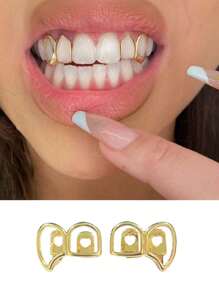 1 Pair Unique & Funny Hollow Fang Teeth Decoration, Suitable For Carnival, Holidays, Stage, Adjustable With Dental Wax, Unisex