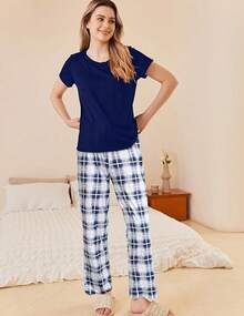 Pajama Sets Women Round Neck Pjs Short Sleeve Sleepwear With Long Pants Loose Lounge Sets - Navy Blue-white Plaid - View 2
