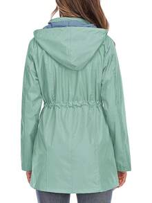 Kikibell Rain Jacket Women Striped Lined Hooded Lightweight Raincoat Outdoor Waterproof Windbreaker - 青色不透明 - 查看 7