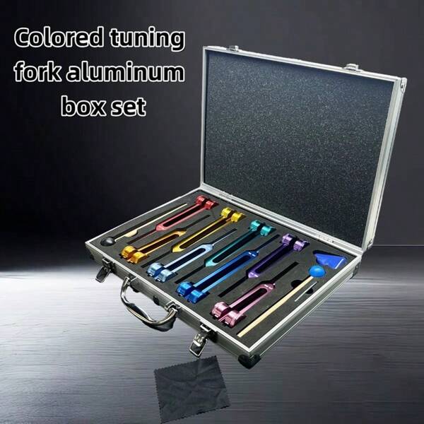 Set de 8 diapasones de aleación de aluminio de colores, 126.22Hz, 136.1Hz, 141.27Hz, 172.06Hz, 194.18Hz, 210.42Hz, 221.23Hz, 272.20Hz, con accesorios, estuche de aluminio para almacenamiento conveniente, adecuado para meditación, relajación, yoga
