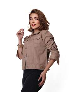 Women's Short Denim Jacket - 杏色 - 查看 2