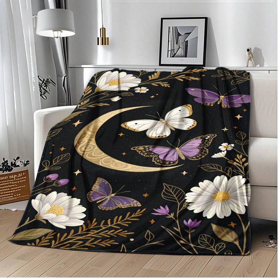 1PC Flannel Blanket With Butterfly, Moon And Flower Patterns, Machine Washable, Soft And Comfortable, Lightweight Wool Blanket, Comfortable Air Conditioning Blanket, Home Decoration, Suitable For All Seasons, Christmas And Halloween Friend Gifts, Suitable For Sofas, Beds, Cars, Offices, Camping, Travel