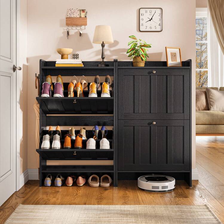 Shoe Cabinet With 2 Separate Drawers, 2 Levels Of Shoe Storage, Flip-Down Compartments, Anti-Tip Device, Suitable For Use On Doors, Available In 3 Colors - màu đen - Xem 2