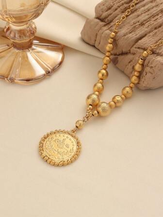 1 pieza Collar con colgante de moneda de aleación de cobre vintage minimalista chapado en oro, con cadena de cuentas, adecuado para uso diario de mujeres y como regalo para días festivos