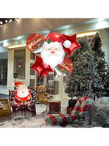 5pcs Santa Claus & Star Shaped Aluminum Foil Balloons Set, Suitable For Indoor/Outdoor Decoration, Christmas, New Year, Anniversary And Holiday Party Decor, Christmas Gift Balloon