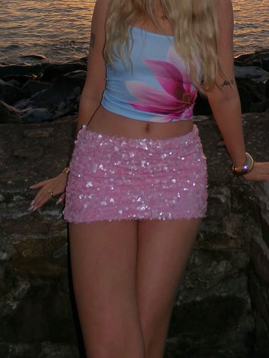 Women's Sequin Sparkly Skirt Mini Micro Glitter Y2k Low Rise Summer Skirt Women's Sequin Low Waist Mini Skorts Music Festival Night Out Skirt Shorts Bodycon Mini Skirts Sparkly Skirt Glitter Shiny Skirt Night Out Party - 粉色 - 查看 1