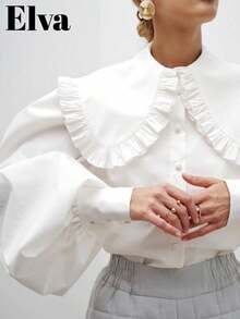 优雅女士纯色彼得潘领主教袖荷叶边细节时尚长袖衬衫，通勤、休闲、简约风格百搭，春夏秋冬皆宜，适合新年、除夕、情人节、约会、派对、商务办公、浪漫情人节等场合。 - 白色 - 查看 2
