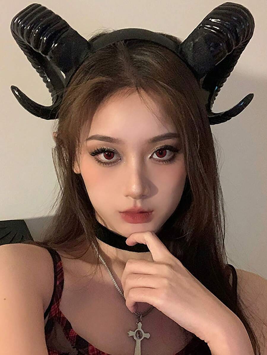 1 件万圣节服装黑魔鬼角角色扮演头饰，角色扮演派对发饰，黑暗风格山羊角头带，恶魔道具 - 彩色 - 查看 1