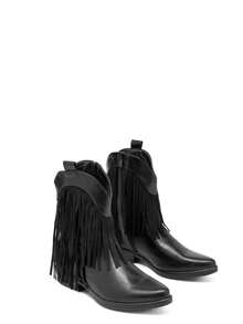 calcena Bottines western pour femme avec franges spectaculaires, bottines de cowboy bohèmes à bout pointu et talon bas incliné, style festival bohème, chaussures en PU à enfiler pour l'été/l'automne - Noir - Voir 3