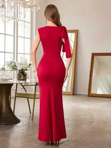 MUXXN Asymmetric Neckline One Shoulder Bow Decor Long Mermaid Formal Gown, Suitable For Wedding Guest, Graduation Ceremony, Banquet, Spring/Summer - Burgundy - View 2