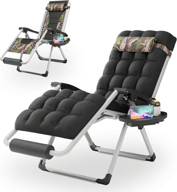 Indoor Zero Gravity Lounge Chair With Cushion, 25" Reclining Patio Chair Foldable Outdoor Anti-Gravity Recliner Chair, Jungle (330lb Weight Capacity)