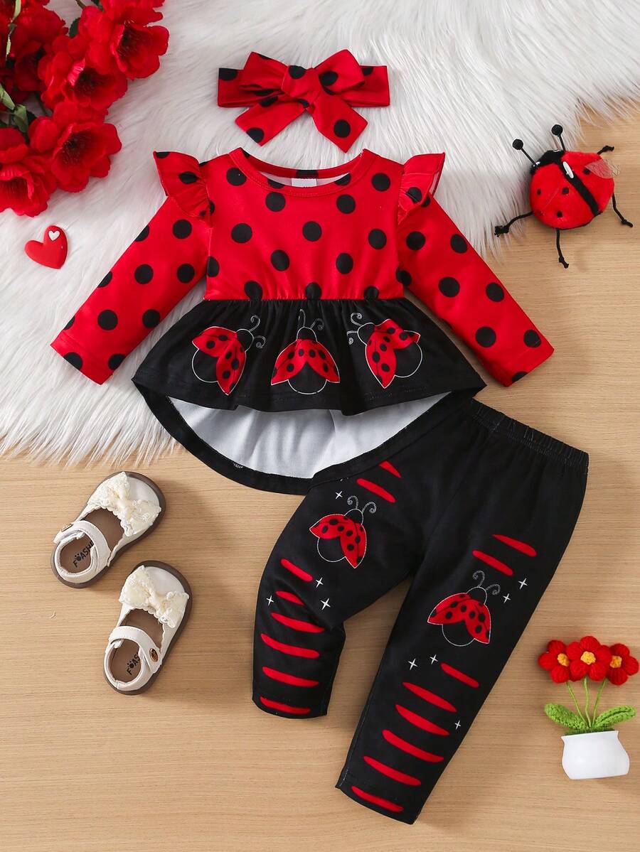 3pcs Baby Girl Autumn New Round Neck Small Flying Sleeves Polka Dot Ladybug Positioning Printing Long Sleeve Pullover Dress & Stretch Comfortable Trousers & Hairband Set Suitable For Outdoor Wear - Đỏ - Xem 1