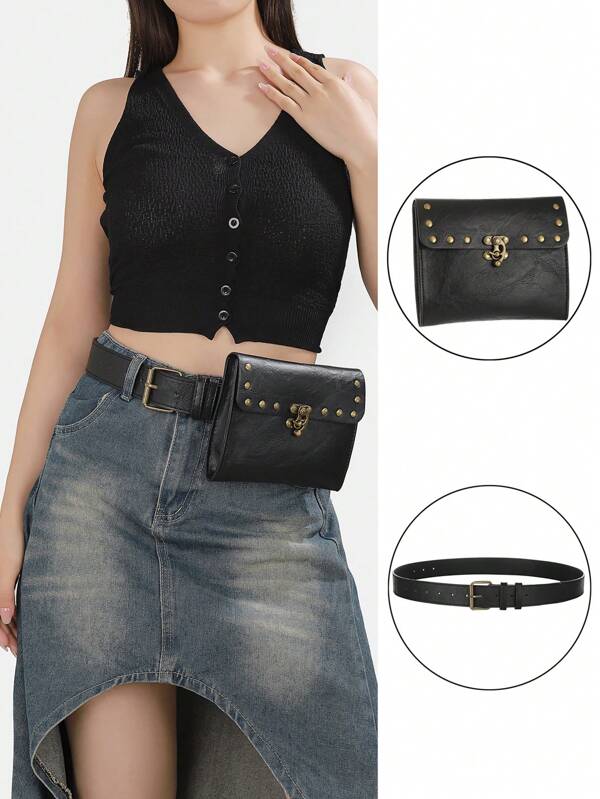 1 Set de bolso y cinturón de cintura unisex de piel sintética, versátil y de moda, adecuado para diversas ocasiones, uso diario