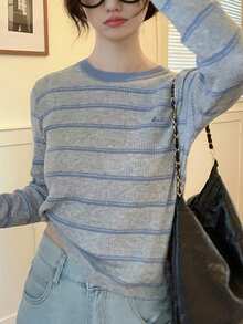 女式秋冬字母刺绣条纹圆领套头衫 - 藍色 - 查看 6