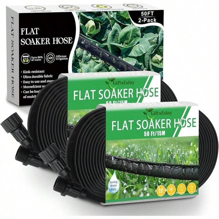 Flat Soaker Hose 100ft, Garden Hose With Heavy Duty Double Layer Design, Drip Irrigation Hose Saves 80% Water, Leak Proof Sprinkler Hose For Garden, Lawn, Vegetable Plot (50ft X 2) - 100FT - View 1
