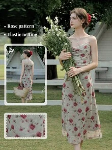Váy lưới cổ xếp nếp họa tiết hoa cho nữ - Màu be - Xem 1