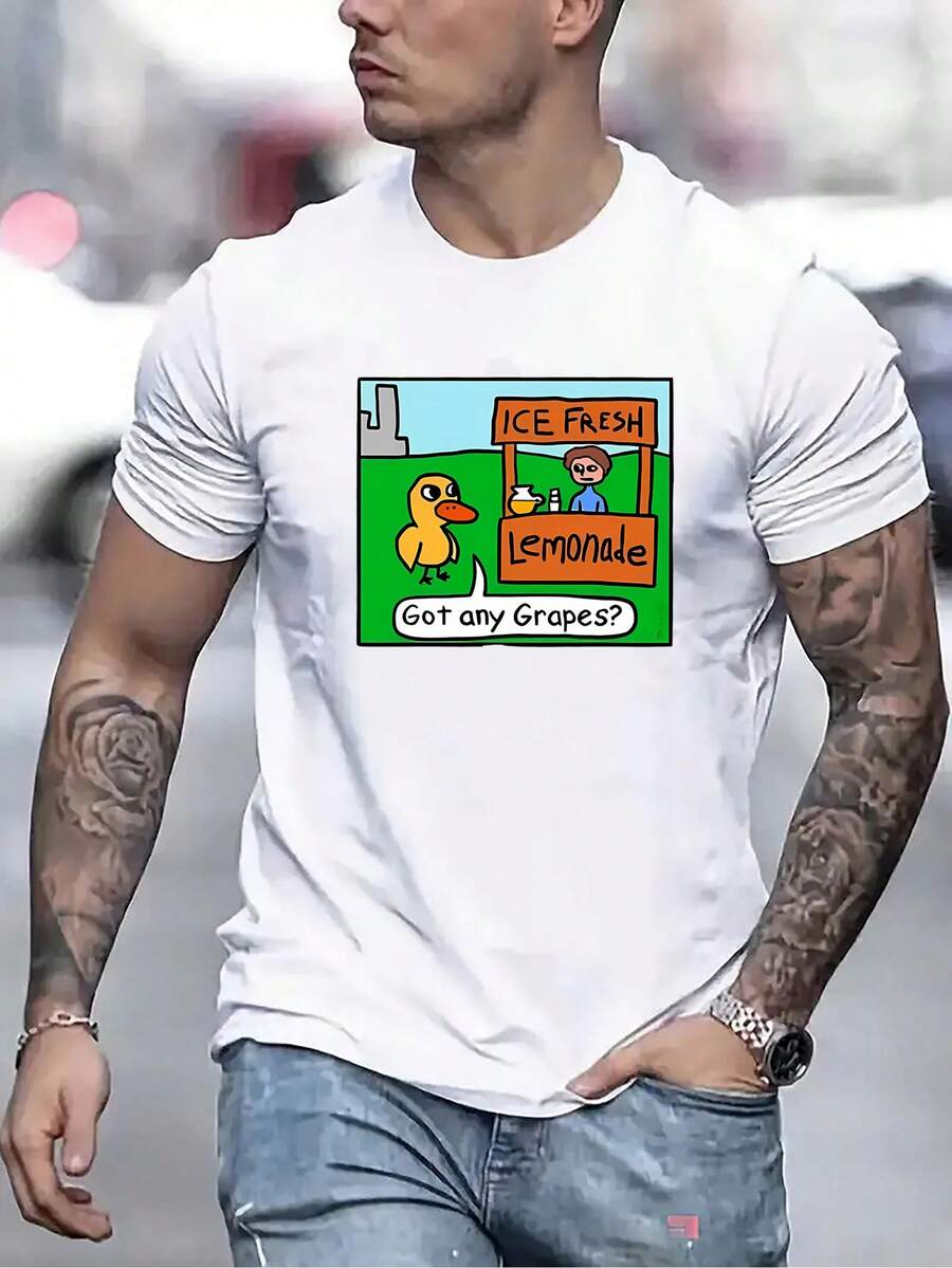 Summer Bestsellers Men's Fashion Fresh Lemonade Grape Letter Print Round Neck Short Sleeve T-Shirt Casual Comfortable Lightweight Top Summer Supple - 白色 - 查看 1