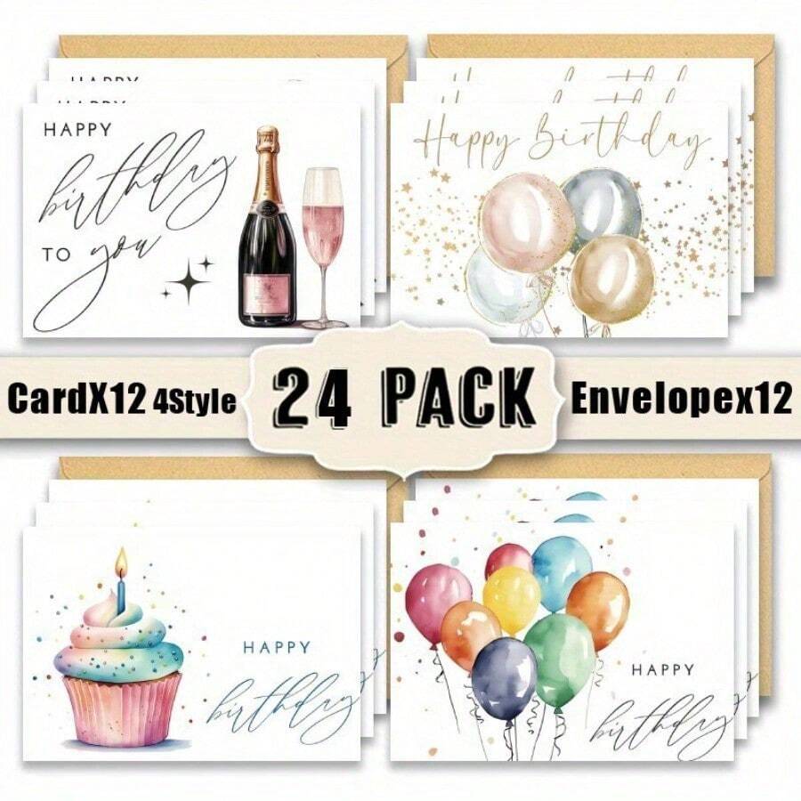 24 件/包水彩气球和生日快乐贺卡带信封 - 空白便条卡散装套装，适合所有场合、家人、朋友、同事 - 乡村主题、纯色、平铺纸卡，适合复活节、圣帕特里克节、情人节、春季和冬季，非常适合感恩节 - 24張(12張賀卡+12張信封) - 查看 1