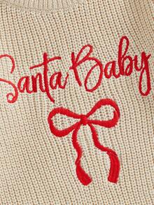 Baby Girl Christmas Romper Loose Fit Letter Bow Embroidery Ribbed Long Sleeve Infant Winter Sweater