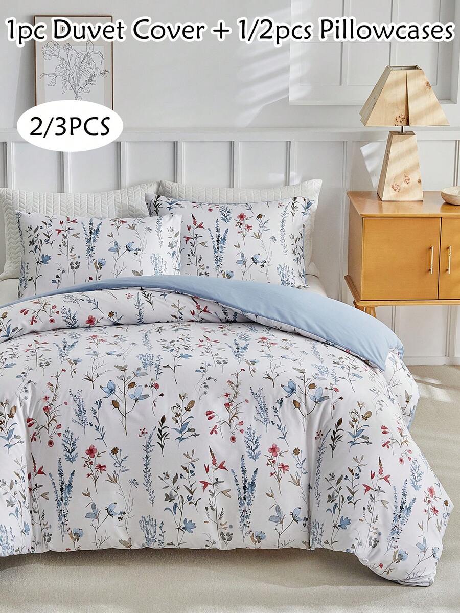 2/3pcs Floral Print Polyester Duvet Cover Set, Pastoral Style Soft & Breathable Children/Girls Bedroom Bedding Set, Suitable For All Seasons, Zipper Closure, Machine Washable (1 Duvet Cover + 1/2 Pillowcase) - Multicolor - View 1