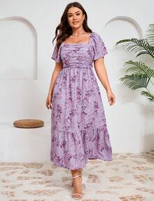 GoyRrbay Plus Size Women's Floral Maxi Dress Short Sleeve Shirred Squared Neck Flomal Long Dress - 紫底粉花 - 查看 1