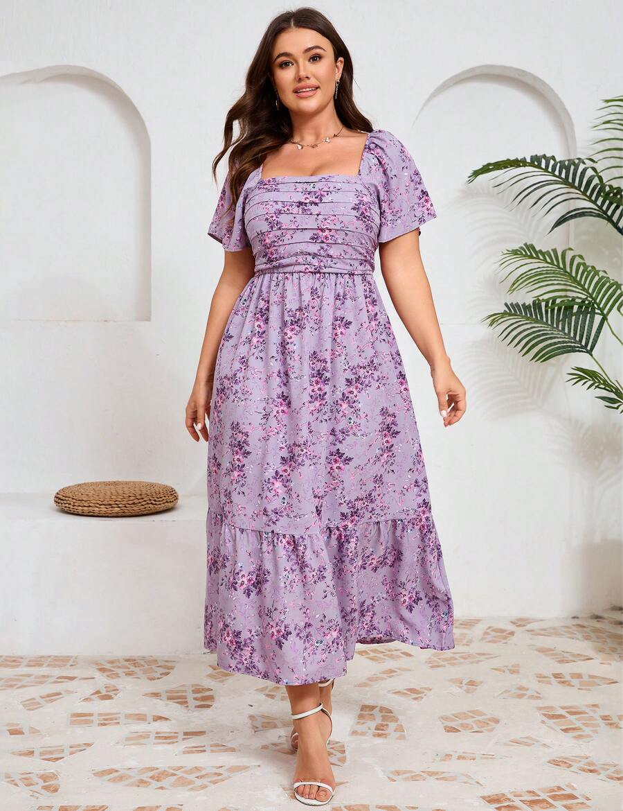 GoyRrbay Plus Size Women's Floral Maxi Dress Short Sleeve Shirred Squared Neck Flomal Long Dress - 紫底粉花 - 查看 1